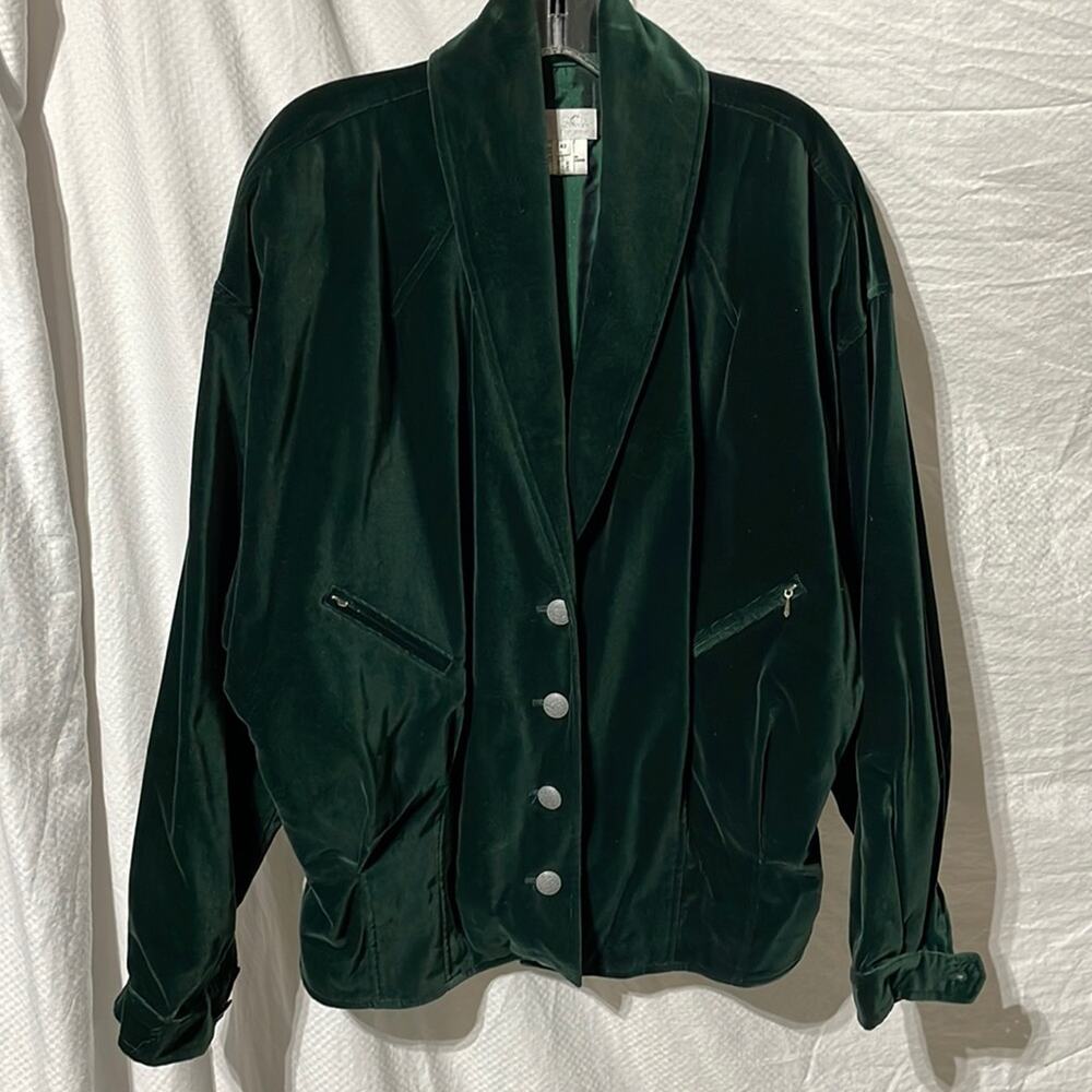 Crisca 42 dark green velvet blazer wide dolman sleeve silver tone buttons euc